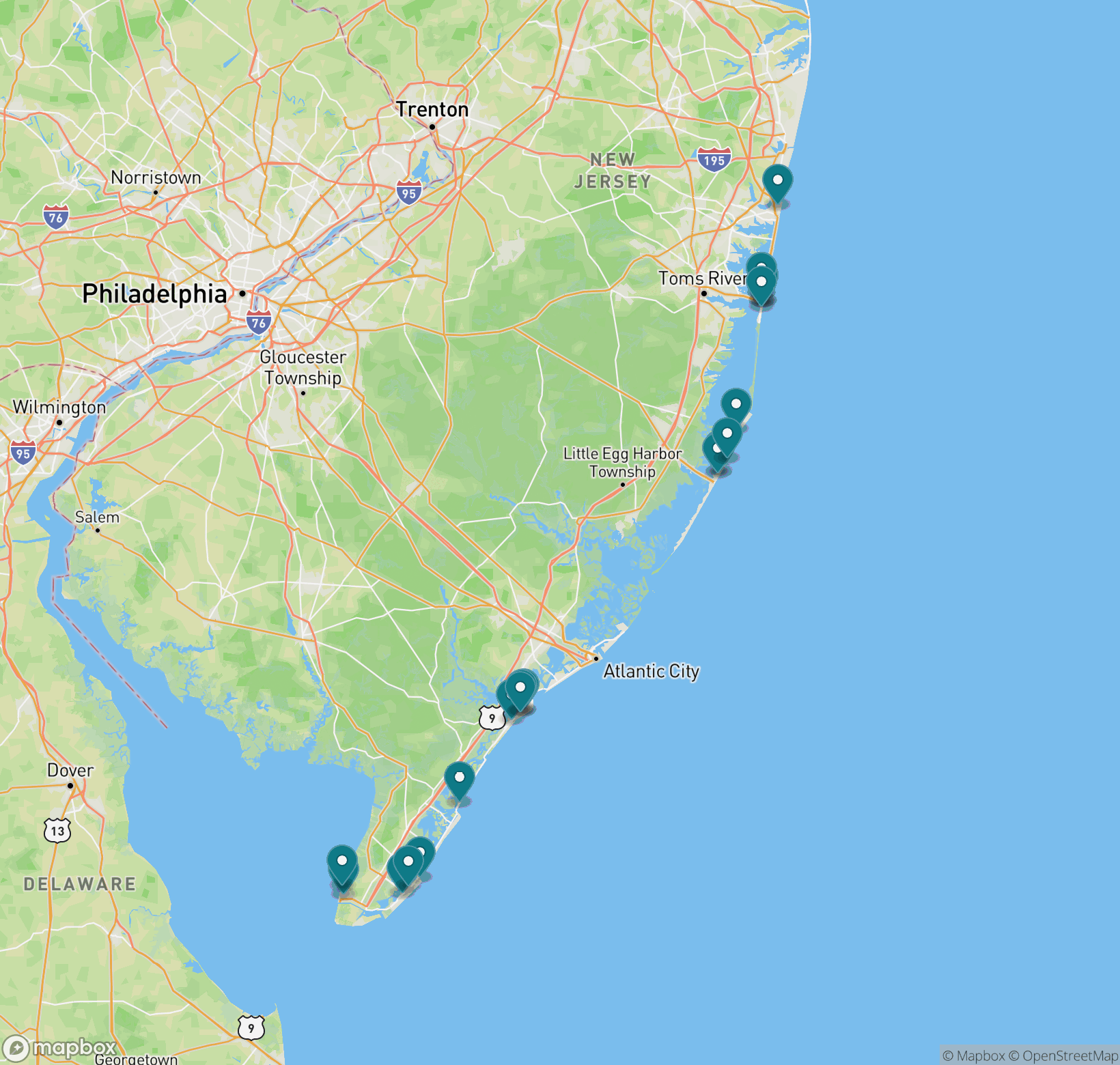 Map preview showing Book Jersey Shore listings along the New Jersey coast